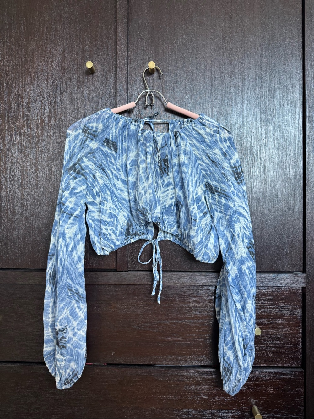 Georgia Alice Blue Patterned Tie-Front Long Sleeve Crop Top